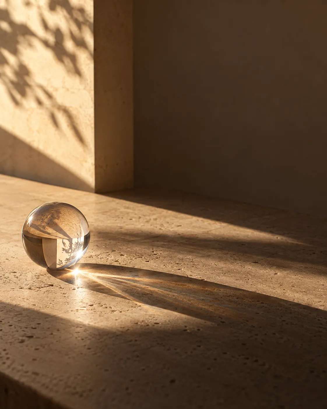 Esfera de vidro em cenário editorial com luz projetada