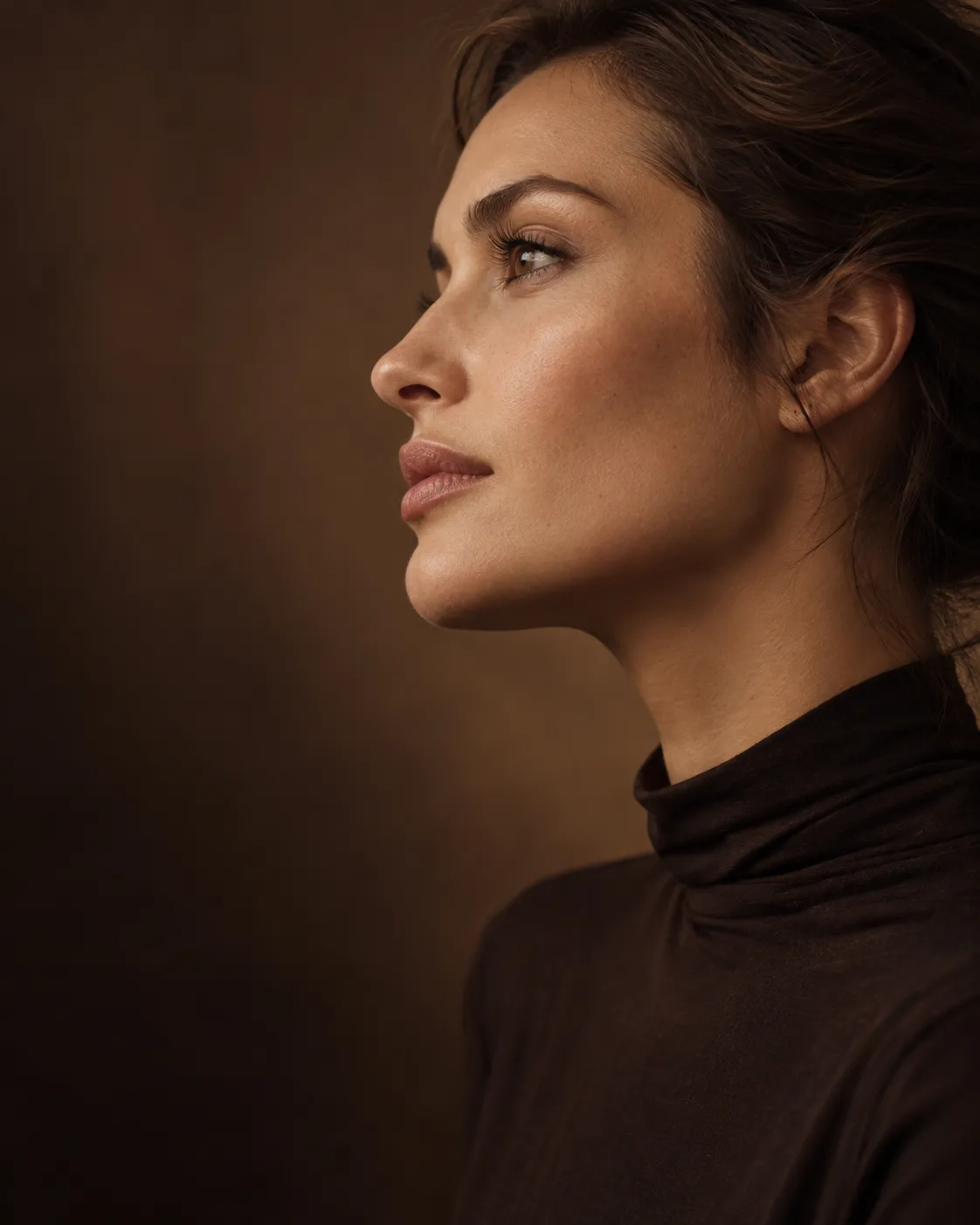 Retrato editorial de mulher fictícia em perfil